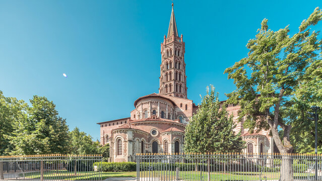 The cobbled parvis of the Basilica of Saint Sernin in Toulouse, France, timelapse hyperlapse.