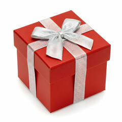 Obraz premium A close up shot of a red gift box with a silver ribbon and bow on a white background surface