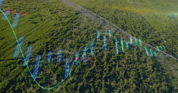 Camera lowering initiating chart bars sliding over crops while irrigation pivot highlighting trend