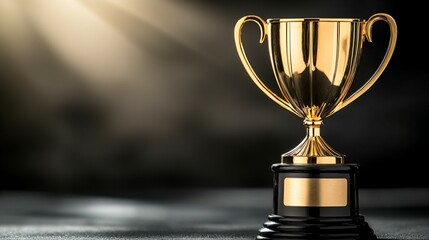 Close-up of a golden trophy on a pedestal, surrounded by soft bokeh lights, symbolizing achievement and recognition, with ample copy space for text or design.