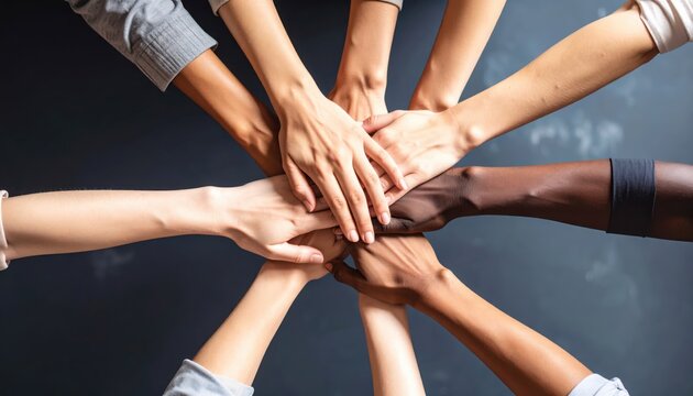 Teamwork Hand Stack: Diverse hands join in a symbolic gesture of unity, collaboration, and solidarity, embodying the strength found in coming together towards a shared goal.