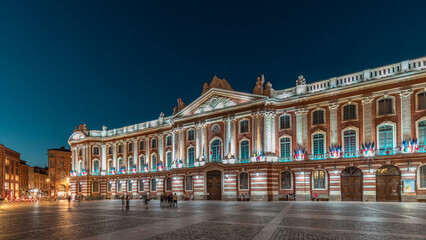Obraz premium The Capitole de Toulouse day to night timelapse showcases the historic city hall. France