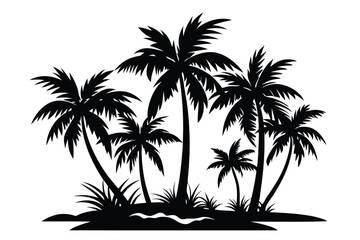 Fototapeta premium Tropical Island Silhouette with Palm Trees and Vegetation in Black