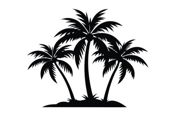 Three Palm Trees Silhouette on Tropical Island with White Background