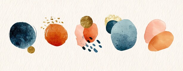 Abstract elements. Terracotta, blue, orange, blush, pink, ivory, beige watercolor Illustration and gold elements, on white background. Abstract modern print set. Logo. Wall art. Poster. Business card.