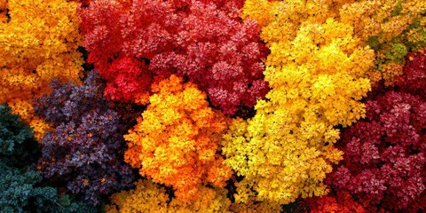 Aerial view of a forest canopy in autumn, with vibrant shades of red, orange, and yellow creating a mosaic of color