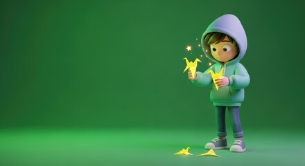 3D Character Boy Building a Snowman with Carrot Nose