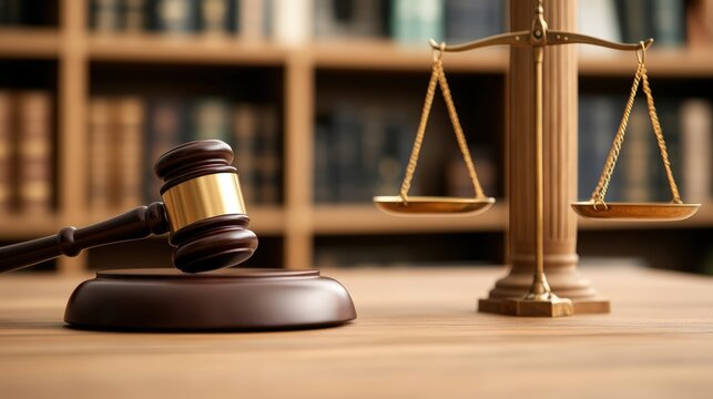 Close up of balance scale and gavel on courtroom desk with law books in background for legal and justice theme
