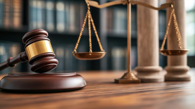 Close-up of wooden gavel and brass balance scale on courtroom table with legal books in background