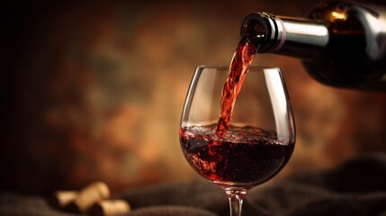 Red wine pouring into a glass, capturing the rich essence of indulgence.
