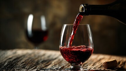 Red wine pouring into a glass, capturing the rich essence of indulgence.
