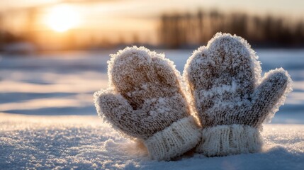 Winter gloves shaped as a heart on snow, bathed in sunset glow. Warmth and love in winter's embrace.
