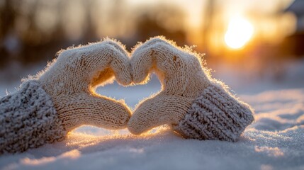 Winter gloves shaped as a heart on snow, bathed in sunset glow. Warmth and love in winter's embrace.
