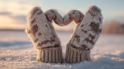 Winter gloves shaped as a heart on snow, bathed in sunset glow. Warmth and love in winter's embrace.
