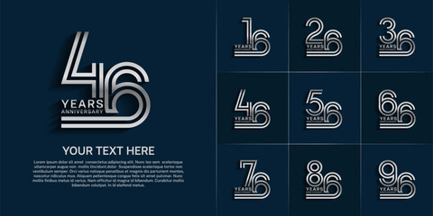 Anniversary logo style double line number set. silver color on blue background for celebration event
