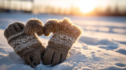 Winter gloves shaped as a heart on snow, bathed in sunset glow. Warmth and love in winter's embrace.
