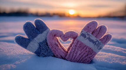 Winter gloves shaped as a heart on snow, bathed in sunset glow. Warmth and love in winter's embrace.
