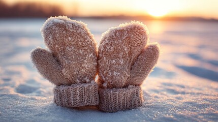Winter gloves shaped as a heart on snow, bathed in sunset glow. Warmth and love in winter's embrace.
