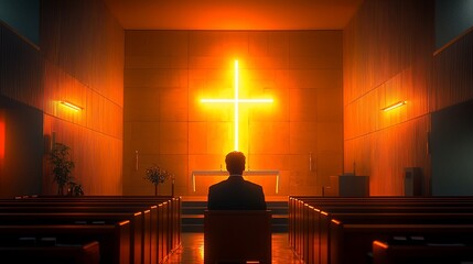 A lone figure sits in an eerily lit chapel, bathed in the warm glow of a large, neon cross