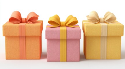 Fototapeta premium Three pastel-colored gift boxes with bows, arranged in a row against a white background. The boxes are square and appear to be made of a soft material