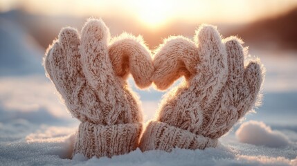 Winter gloves shaped as a heart on snow, bathed in sunset glow. Warmth and love in winter's embrace.
