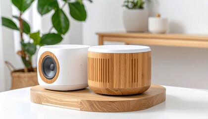 Modern Audio Ensemble: This image showcases two modern audio devices, crafted with clean lines and stylish design, creating a harmonious blend of technology and natural aesthetics. 