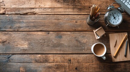 Wooden desk with neatly arranged stationery, a minimalist workspace for focused productivity
