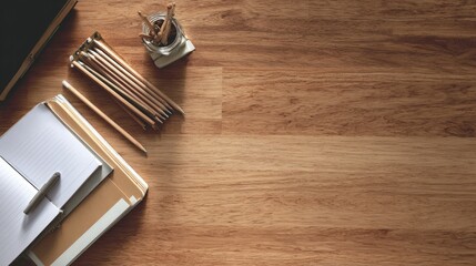 Wooden desk with neatly arranged stationery, a minimalist workspace for focused productivity
