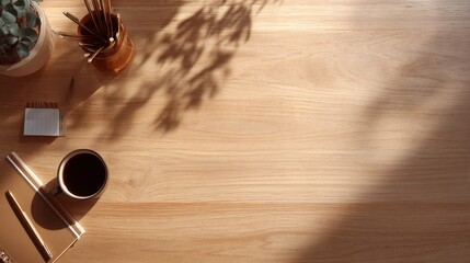 Wooden desk with neatly arranged stationery, a minimalist workspace for focused productivity
