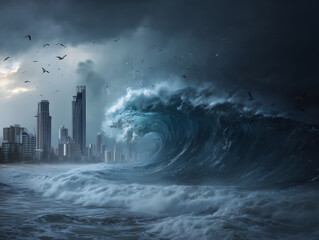 Massive Tsunami Wave Crashing Cityscape Dramatic Coastal Disaster Scene