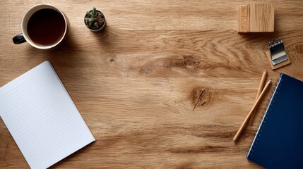 Wooden desk with neatly arranged stationery, a minimalist workspace for focused productivity
