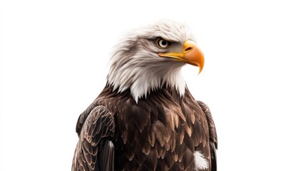 Obraz premium Close-up of a majestic bald eagle with eyes and detailed feathers on a plain white background