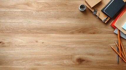Wooden desk with neatly arranged stationery, a minimalist workspace for focused productivity
