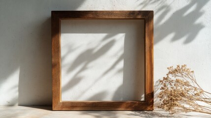 Wooden frame on light surface, minimalist Scandinavian style with soft shadows. Simplicity and natural elegance in home decor.
