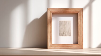 Wooden frame on light surface, minimalist Scandinavian style with soft shadows. Simplicity and natural elegance in home decor.
