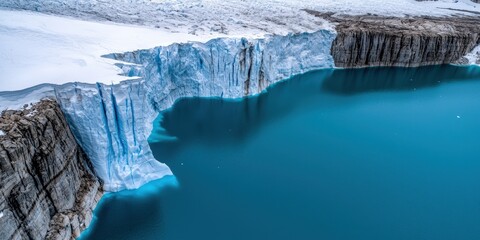 Aerial view of a glacier melting into a turquoise lake, with jagged ice formations