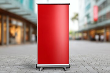A red sign is standing on a brick sidewalk