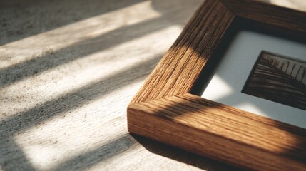 Wooden frame on light surface, minimalist Scandinavian style with soft shadows. Simplicity and natural elegance in home decor.
