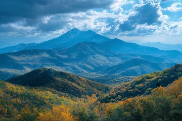 Majestic Mountain Range. Scenic Fall Foliage and Vibrant Nature in Serene Wilderness for Adventure and Ecotourism