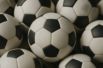 Closeup shot of a pile of traditional black and white soccer balls stacked up