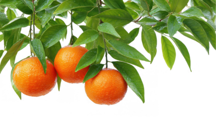 Three ripe oranges dangle from a branch laden with wet, vibrant green leaves, set against a transparent background, creating a fresh and natural image perfect for various design projects