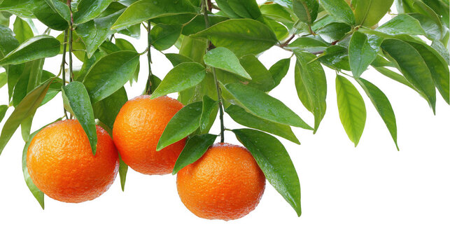 Three ripe oranges dangle from a branch laden with wet, vibrant green leaves, set against a transparent background, creating a fresh and natural image perfect for various design projects