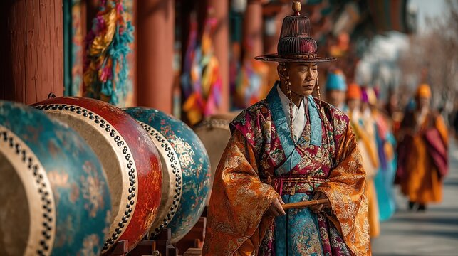 Monk in ceremonial robes, with large drums in background