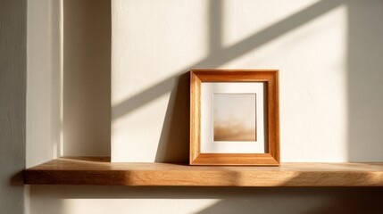 Wooden frame on light surface, minimalist Scandinavian style with soft shadows. Simplicity and natural elegance in home decor.
