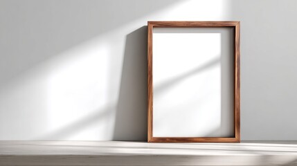 Wooden frame on light surface, minimalist Scandinavian style with soft shadows. Simplicity and natural elegance in home decor.

