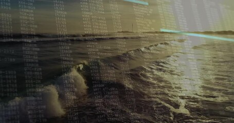 Upon opening, ocean waves rolling, codes fading and cyan lines scanning, merging scene with data - Powered by Adobe