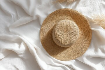 A light beige straw hat rests on a white fabric backdrop, sunlight casting shadows