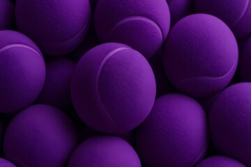A close up shot of many purple tennis balls stacked tightly together indoors