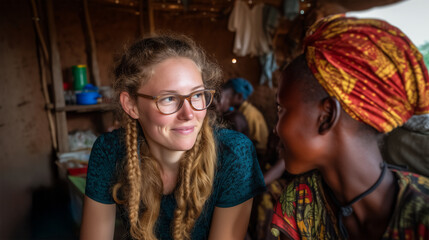Volunteer worker engaging in cultural exchange with local community member