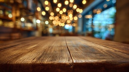 Wooden table with warm bokeh lights, evoking cozy evening ambiance
